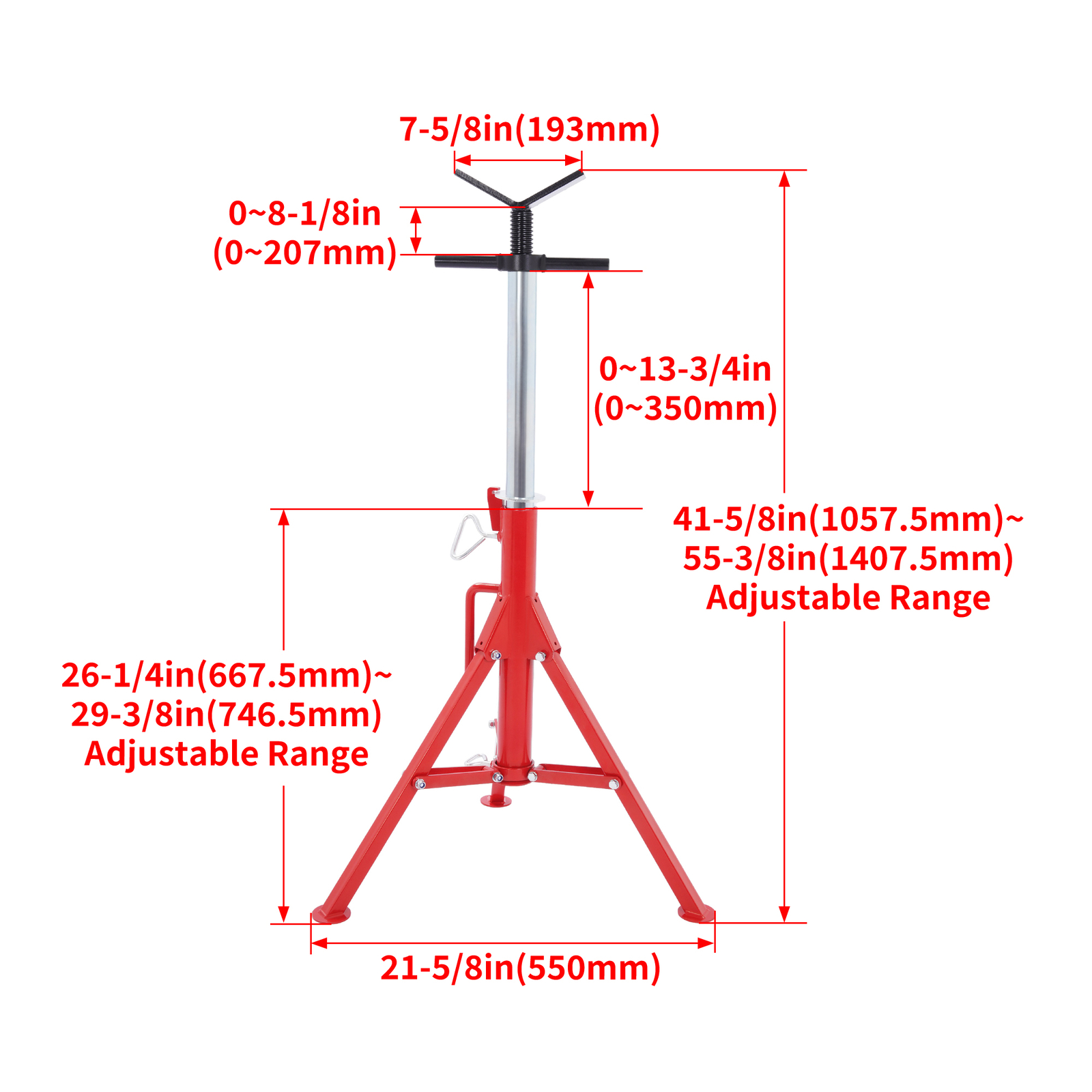 V-Head Pipe Stand Folding Tripod Jack 28″-52″ Height 12″ Pipe 2500LB Steel Red