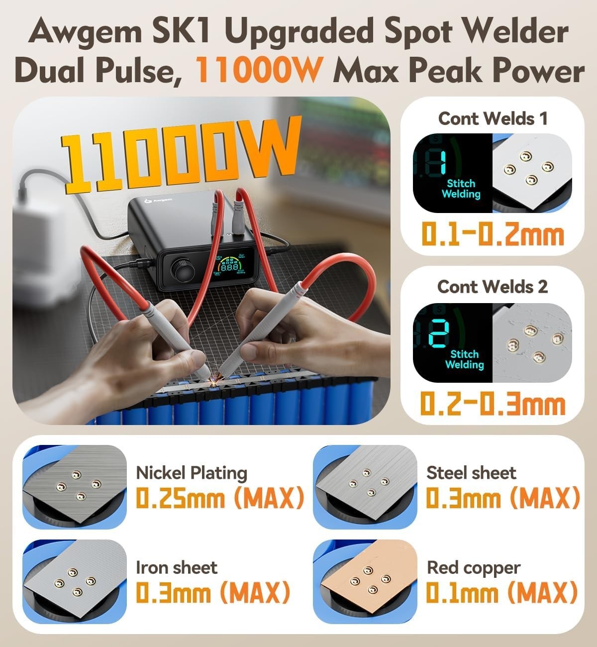 Awgem 11000W Battery Spot Welder 100 Gears Knob Adjustable for 18650 DIY Welding