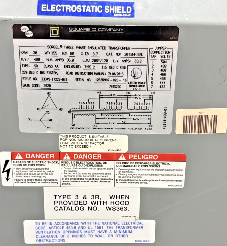 Square D 30kVA 480V Transformer 3PH 60HZ 208Y/120V 30T3HF1SNL 🟦
