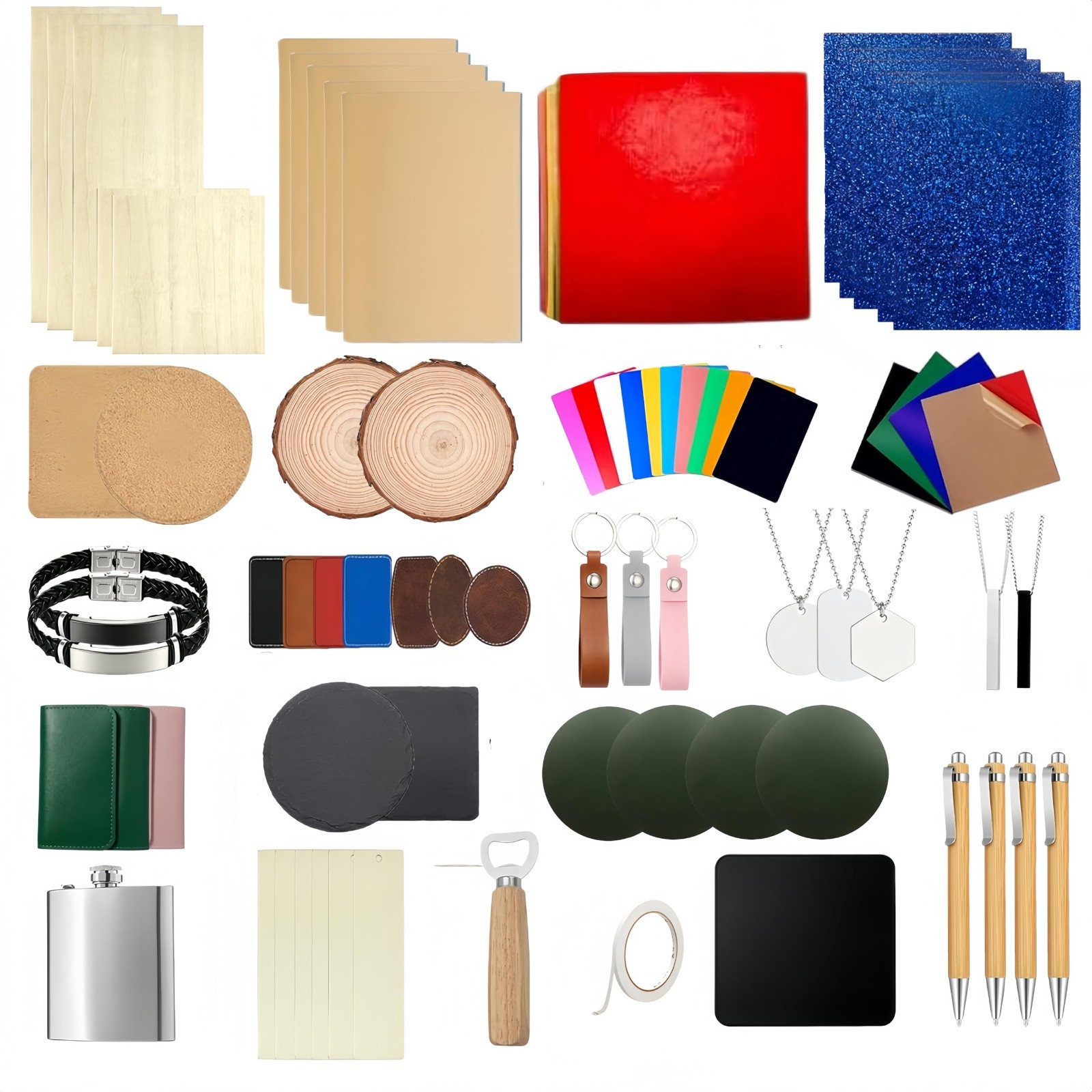 136 PCS Laser Engraving Material Kit – 22 Types Wood, Acrylic, Metal, Leather Bl
