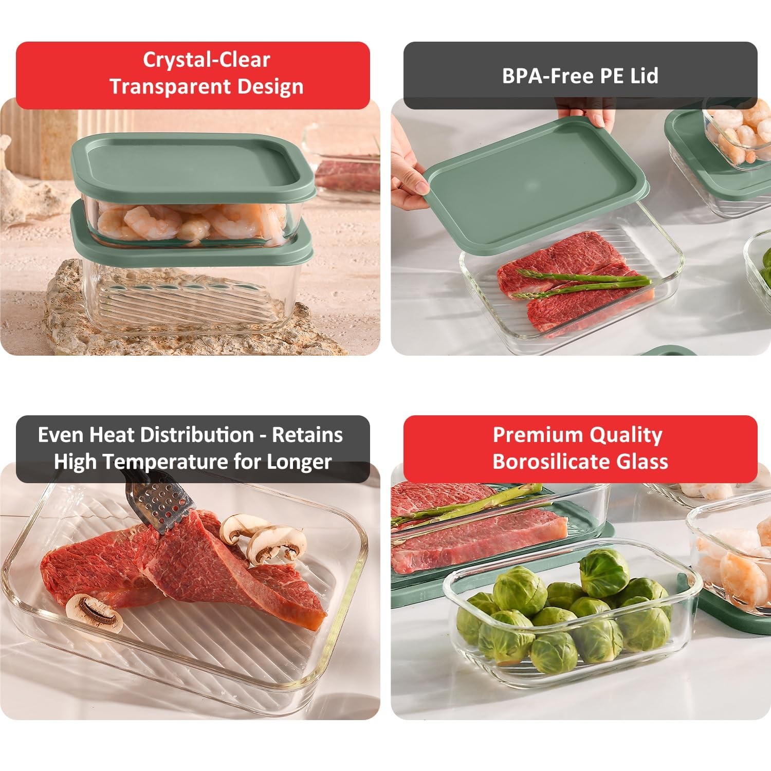 EATEX 6 Pack Glass Meal Prep Containers with Grooved Base, 6 Stackable BPA Fr…