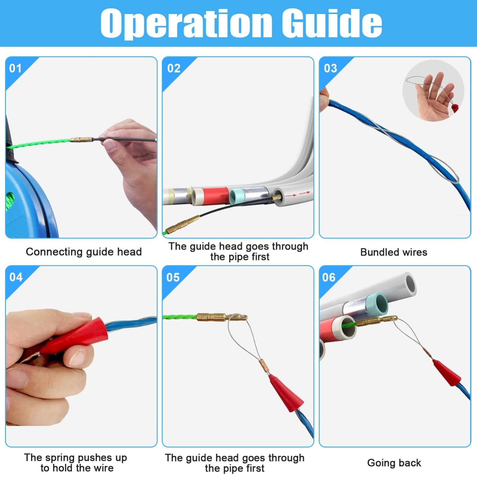Non-Conductive Fish Tape Wire Puller 196FT with 7 Adapters | Fiberglass Electric
