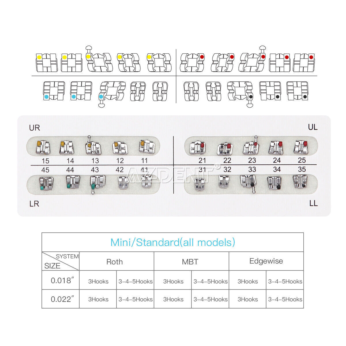 10X Dental Stent ortodóntico oral Metal Mini/Standard MBT/Roth.022 Hooks 345