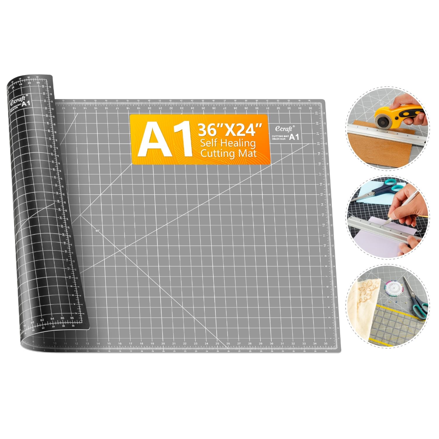 Ecraft Large Self Healing Cutting Mat: 24″ x 36″ 36″L x 24″W, Grey/Black