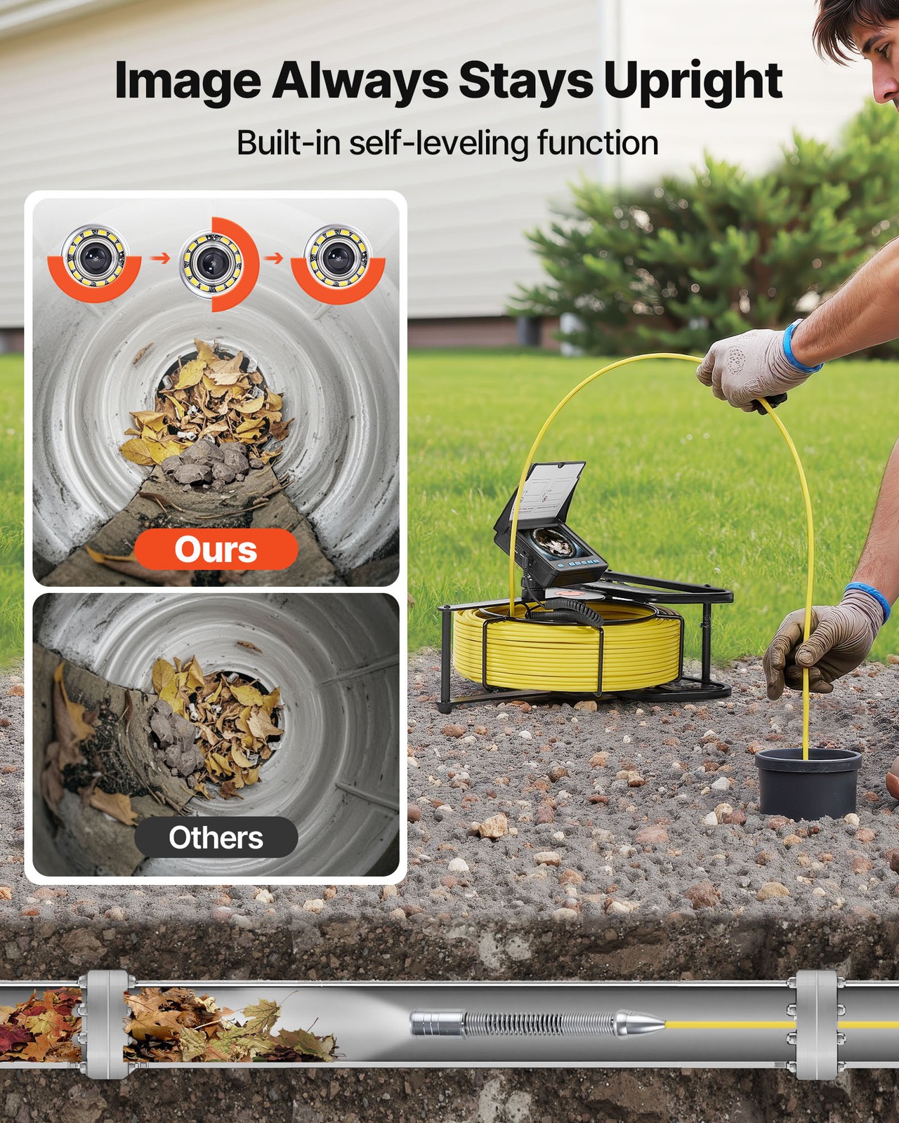 VEVOR Sewer Camera 98 ft Self-Leveling Drain Inspection Camera 4.3″ HD Screen