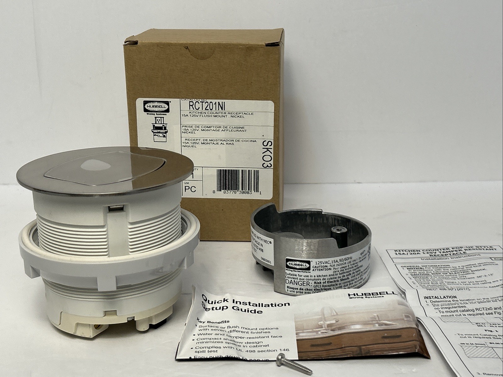 Hubbell RCT200NI Kitchen Counter Receptacle 15A 125V Flush Mount Nickel New Open