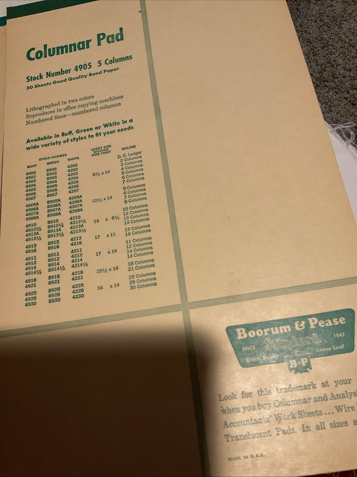 2 Vintage Boorum & Pease Accounting Columnar Pads 5 Columnar #4905 & 8905