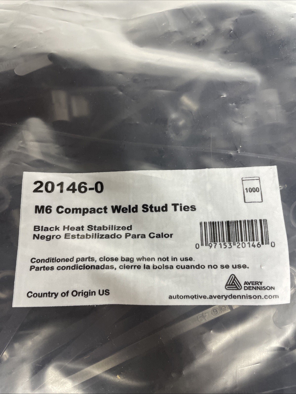 1000 Pack Avery Dennison M6 Compact Weld Stud Cable Ties Black 20146-0
