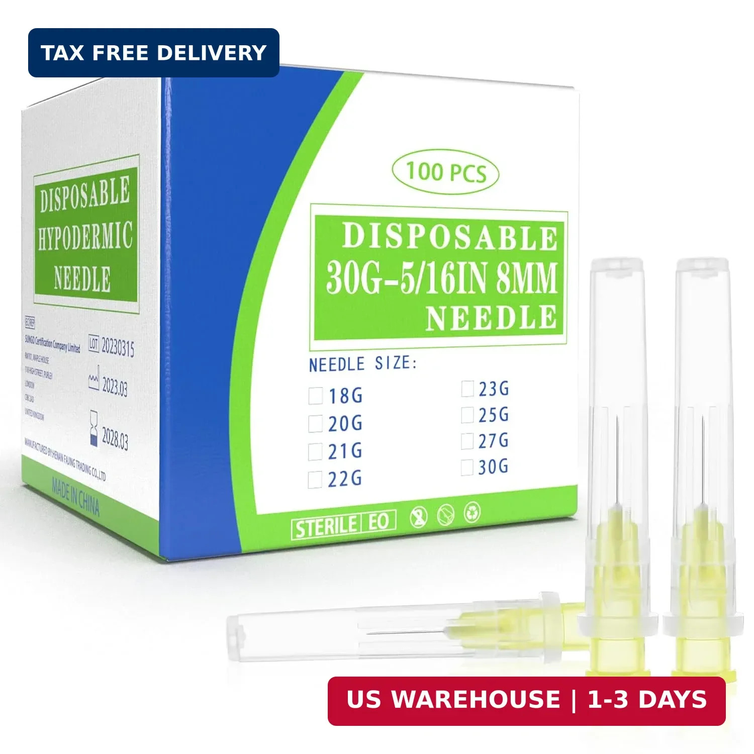 100 Pack 30 Ga 5/16″ Luer Lock Needles Sterile Lab Industrial Supplies with Caps