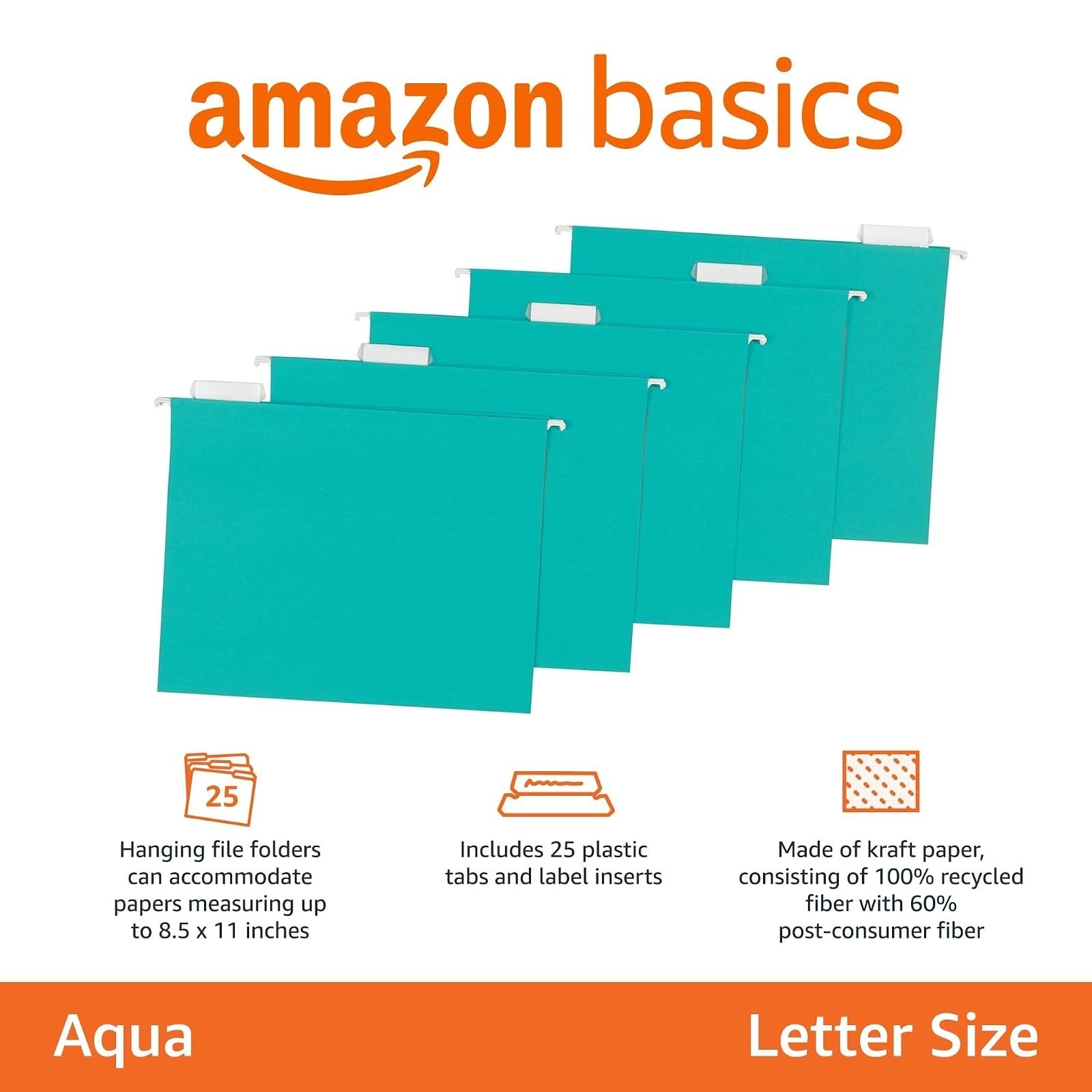 Amazon Basics Hanging File Folders Letter Size Aqua 25-Pack