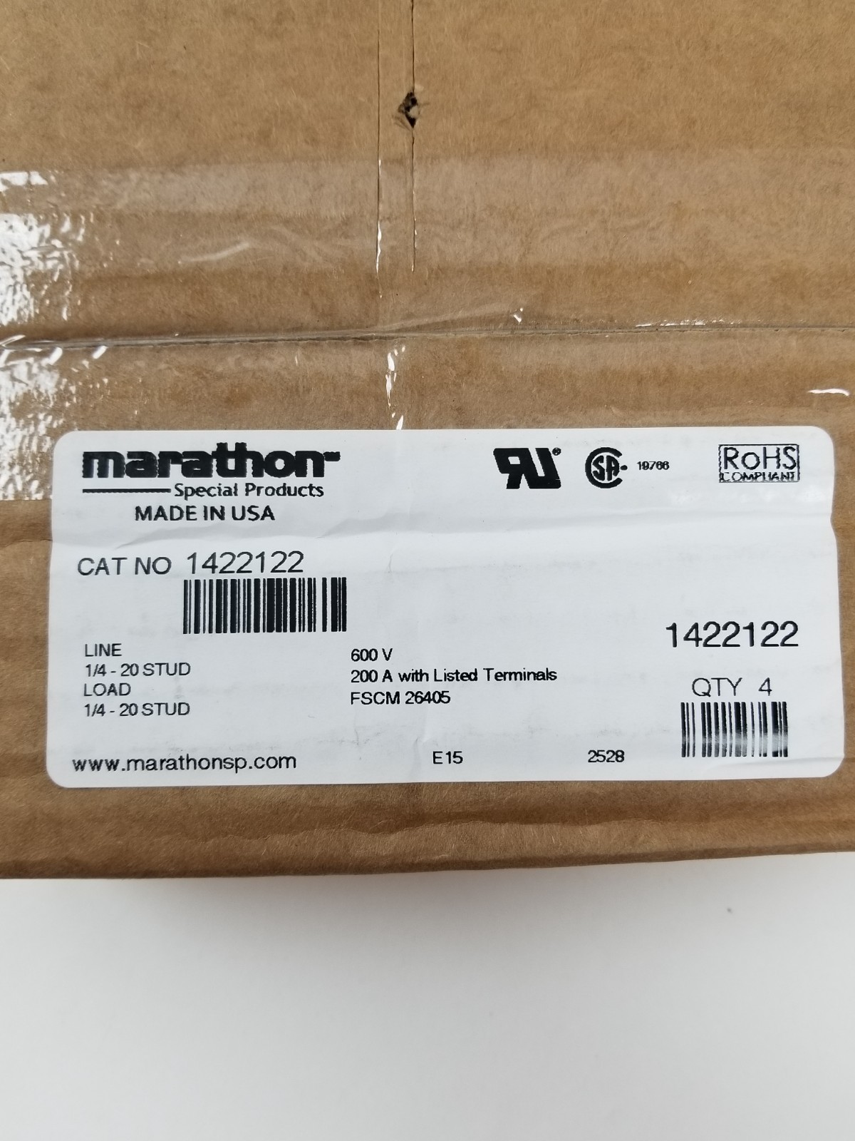 4 Marathon 1422122 Power Terminal Block 200A 600V 2-Pole NEW