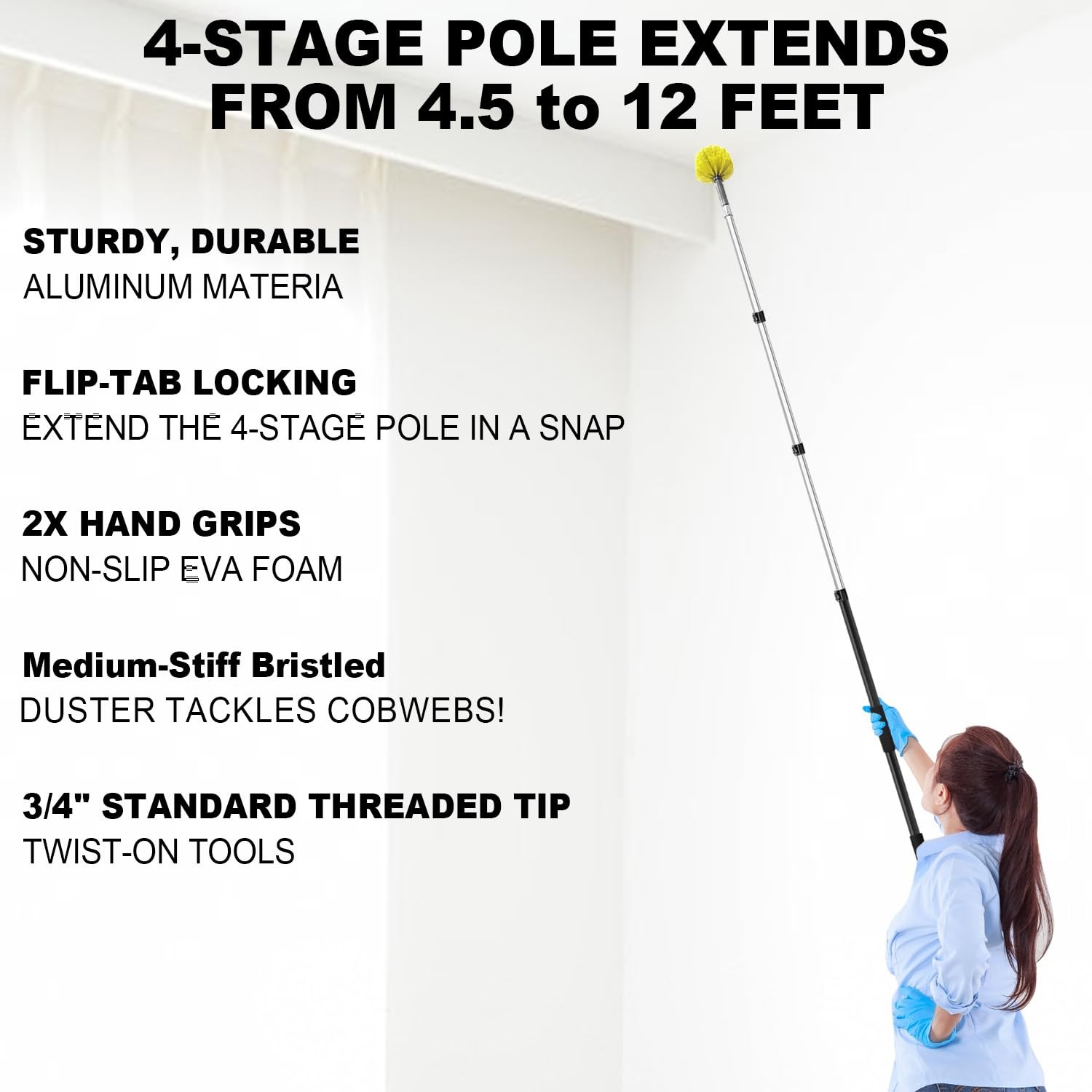 ARTIPOLY 4-12ft Cobweb Duster w/ 20ft Extension Pole, High Reach Feather Duster