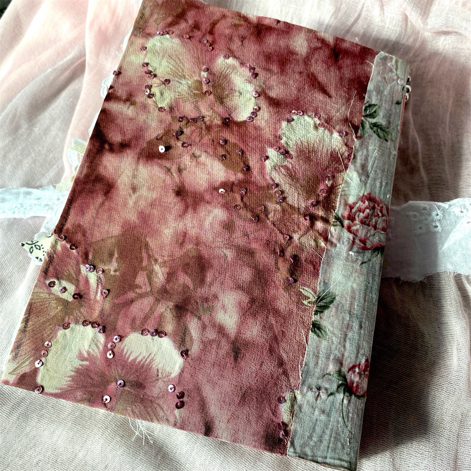 Handmade Vintage Silk Fabric Junk Journal Book Romantic Floral 2 Signatures Lace