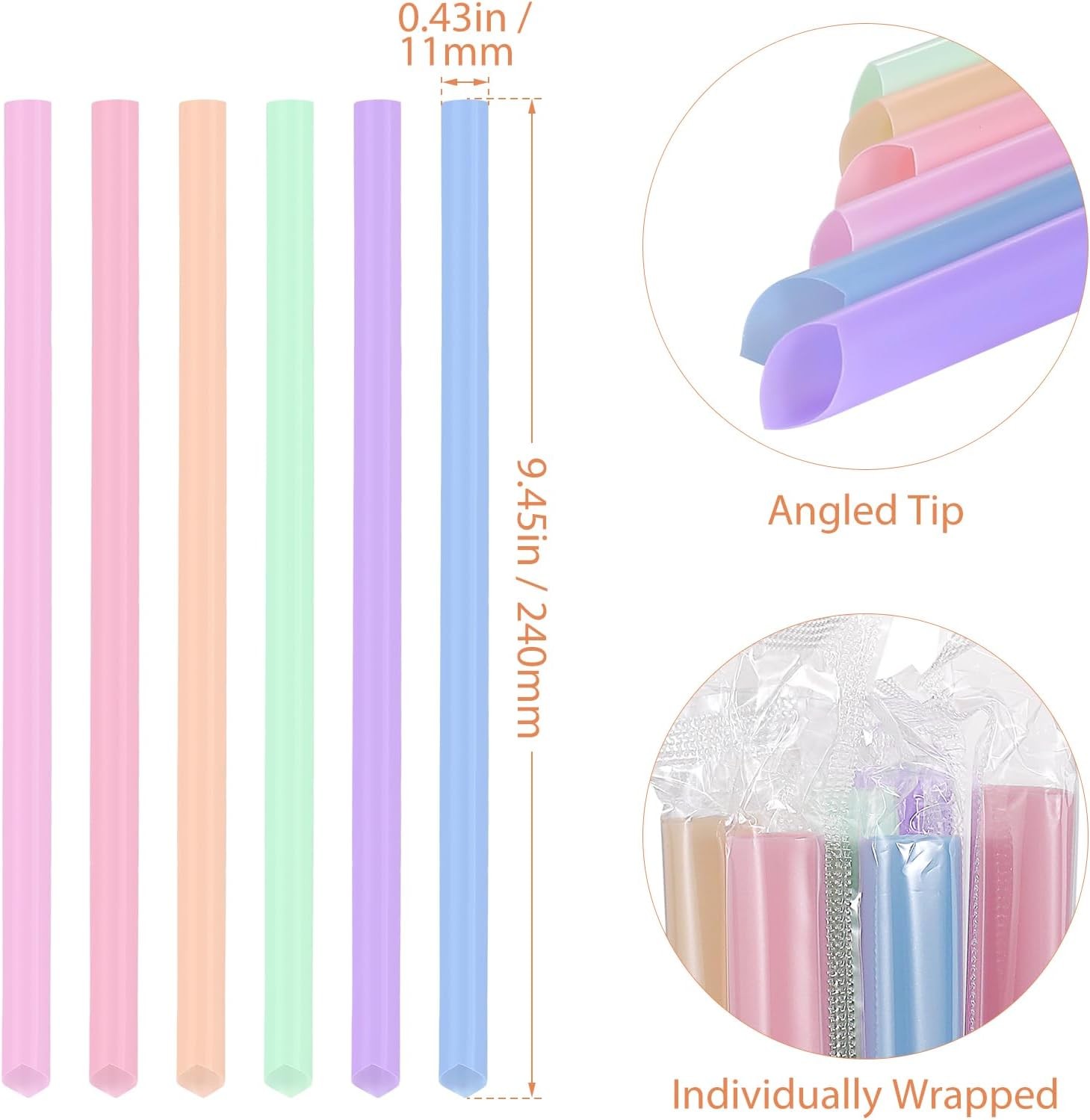 Individually Wrapped] Disposable Plastic Smoothie Boba Straws – 9.45″ Long 0.43″