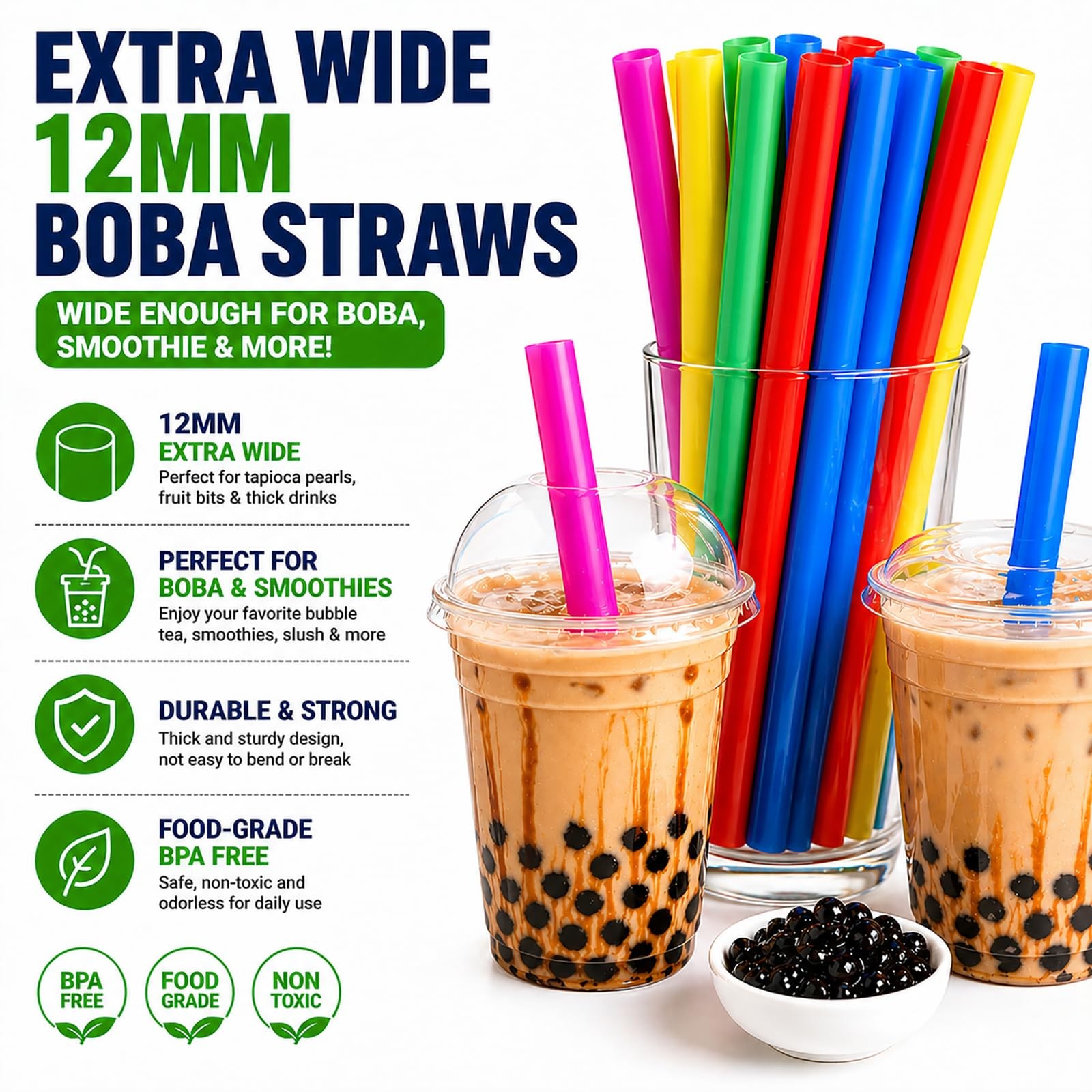 ALINK 100 Extra Large Plastic Bubble Tea 8.5×0.5 Inch (Pack of 100), Mutil