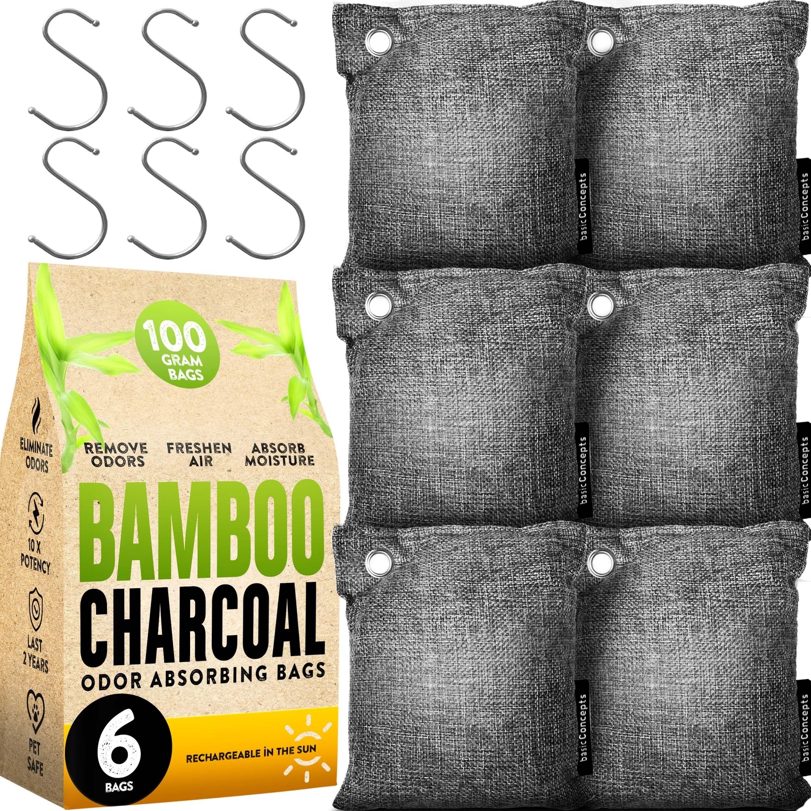 Charcoal Odor Absorber for Strong Odor (6 Pack, 100g each), Bamboo Charcoal A…