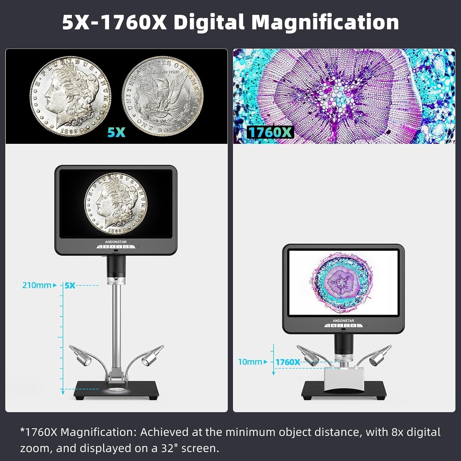 Andonstar 4K 60FPS 10.1″ HDMI Digital Microscope for Soldering, 64MP 3840P UHD