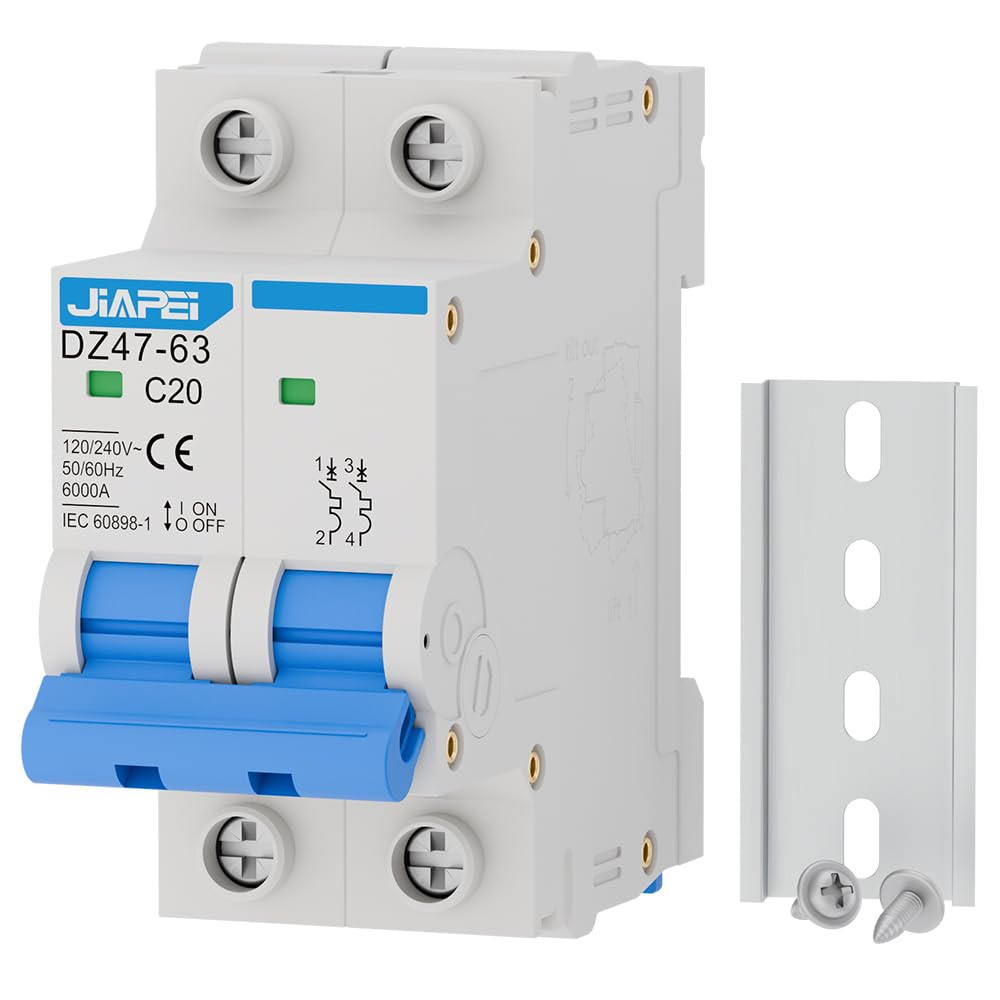 AC Miniature Circuit Breaker, 120V/240V 2 Pole 20 Amp DIN Rail Mount Circuit Br