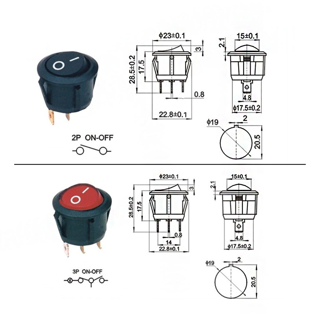 Round Rocker Switch 250V 3A 6A On/Off 2/3 Pin LED Light Red Black 15mm 20mm