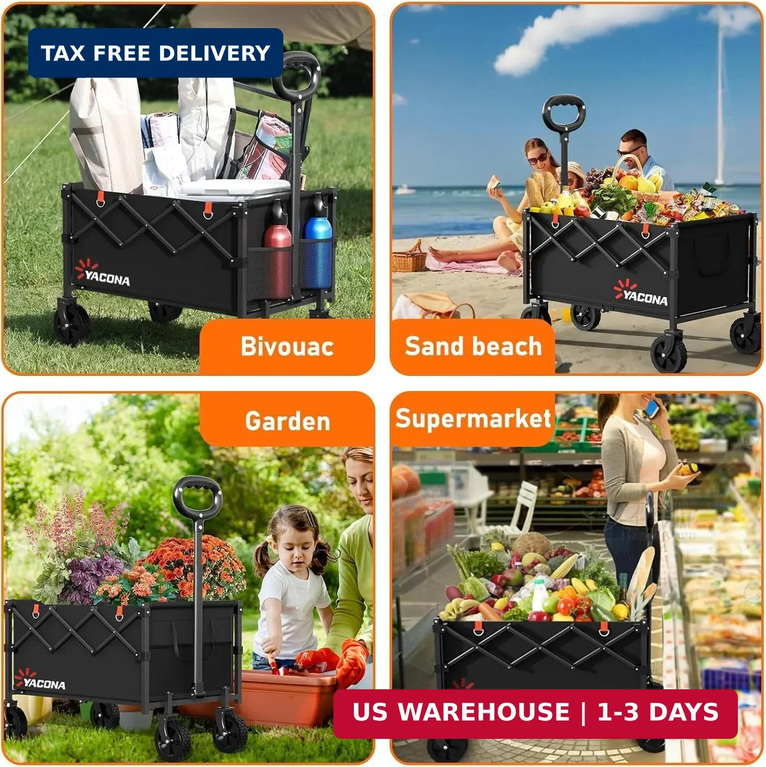 Yozoia Wagons Carts Foldable, Lightweight Portable Utility Shopping Cart with Wh