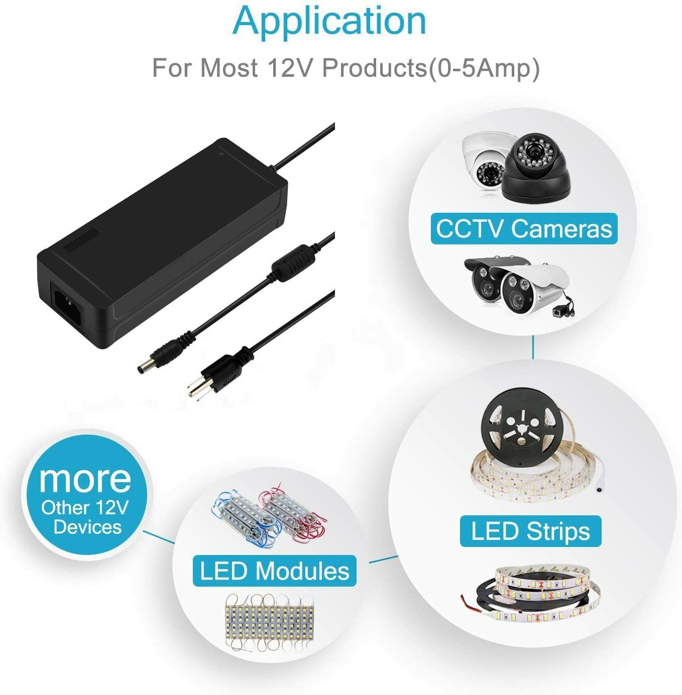 AC 100-240V to DC 12V 5A Power Supply Transformer Converter for LED Strip Lights