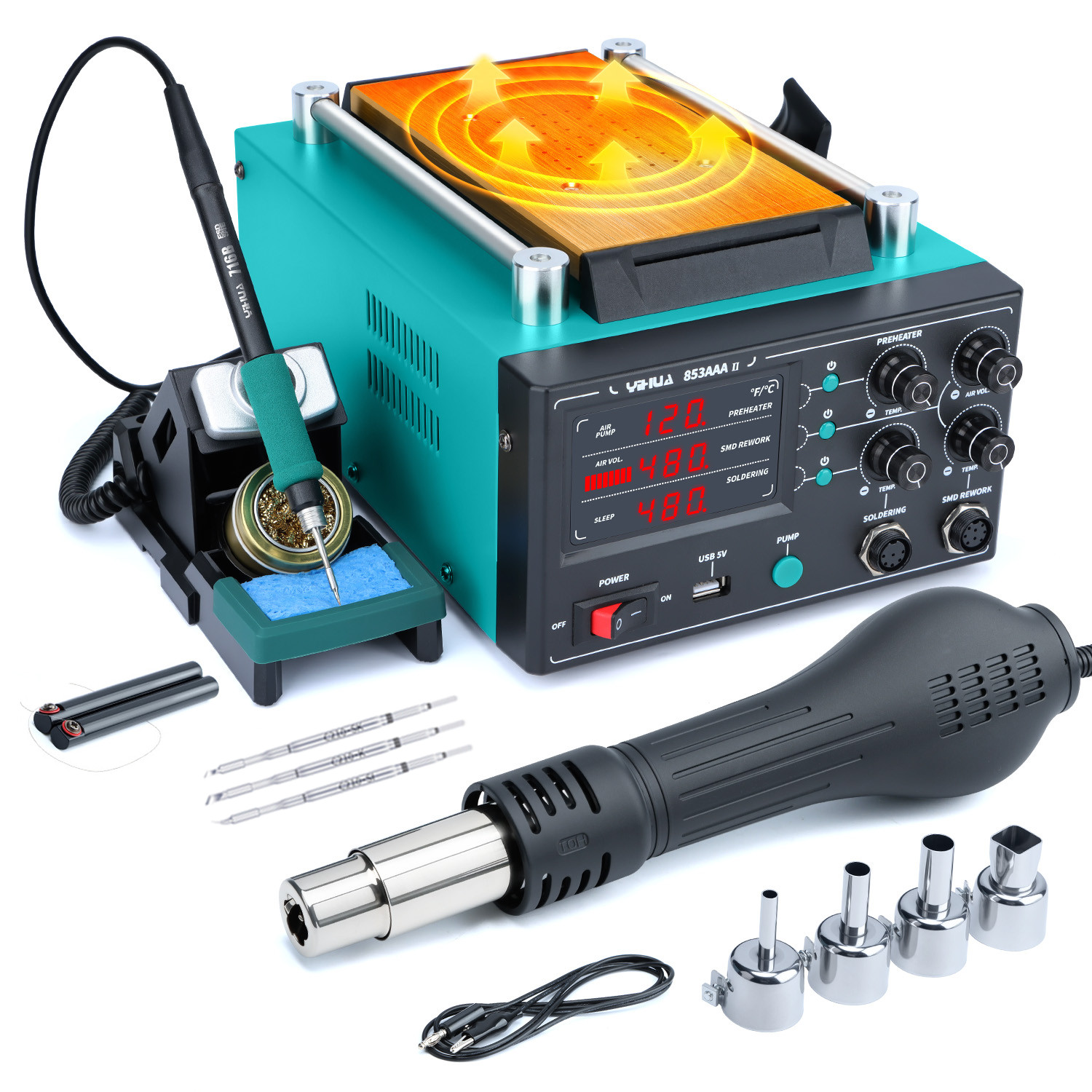 YIHUA 853AAA-II 3-in-1 Soldering Rework Station – Hot Air, Preheater Desoldering