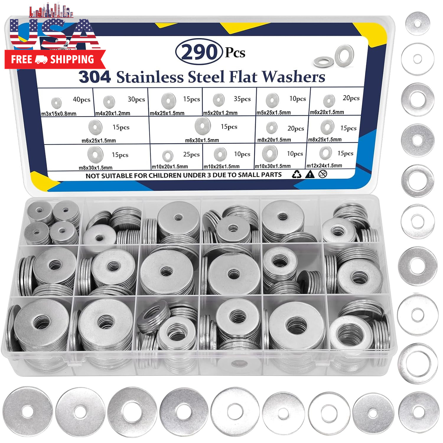 290Pcs Flat Washers, 304 Stainless Steel Fender Washers Assortment, 15 Different