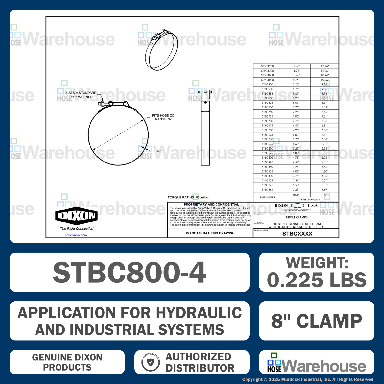 Genuine Dixon 8″ T-Bolt Clamp Pack – (4) STBC800 Stainless Steel Hose Clamps