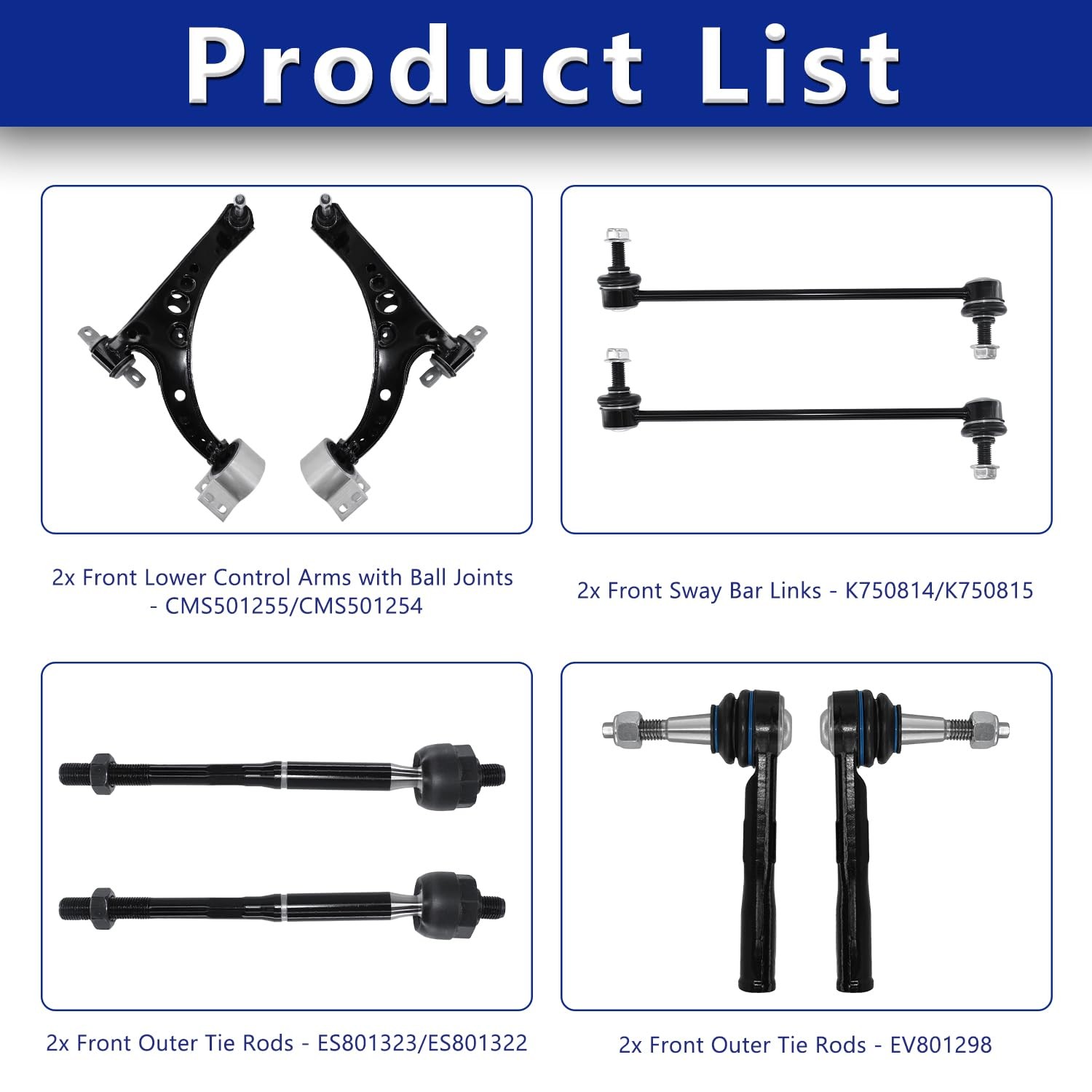 8Pcs Front Lower Control Arm Sway Bar Tie Rod For 2016-2019 Chevy Cruze Volt