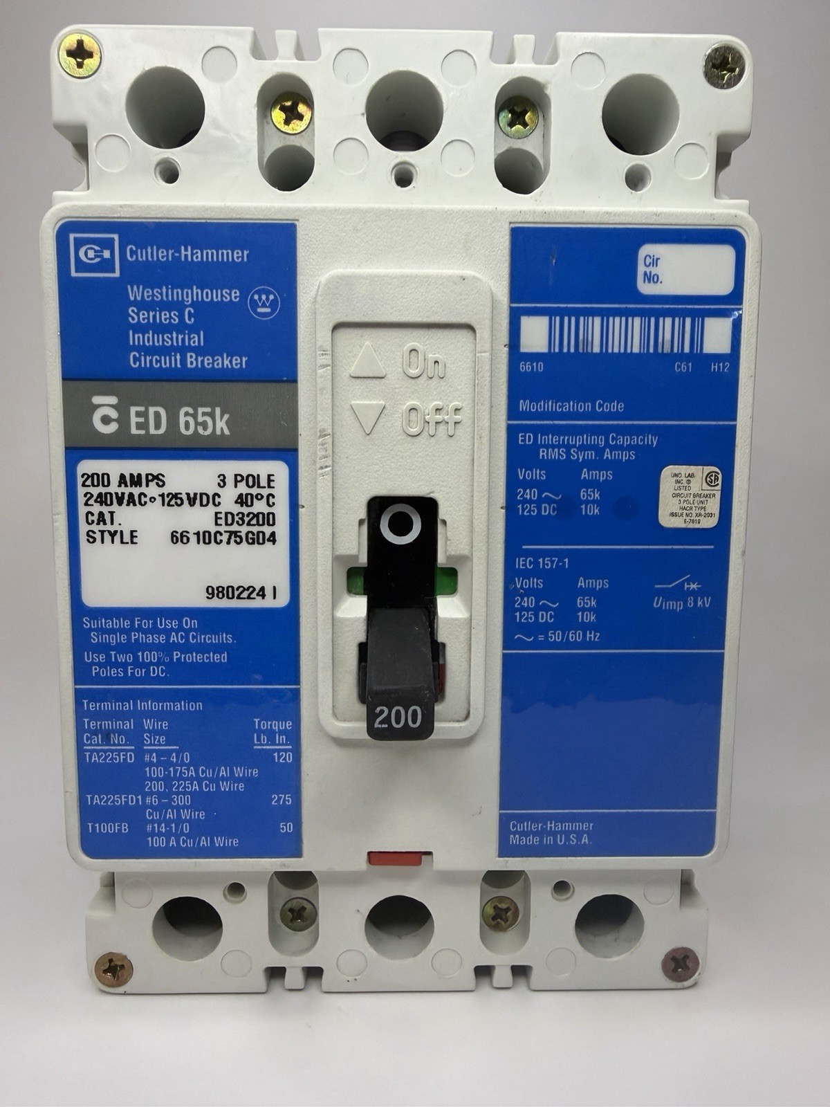 Eaton ED3200 3 Pole 200 Amp 240V Circuit Breaker