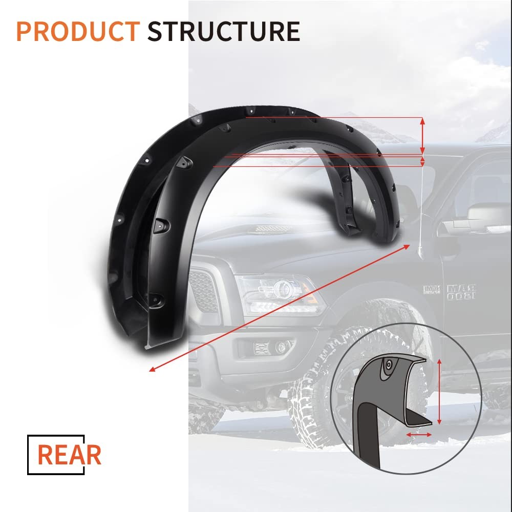Riveted Black Fender Flares 4PCS Dodge Ram 1500 09-18 Classic 19-22 Excl R/T