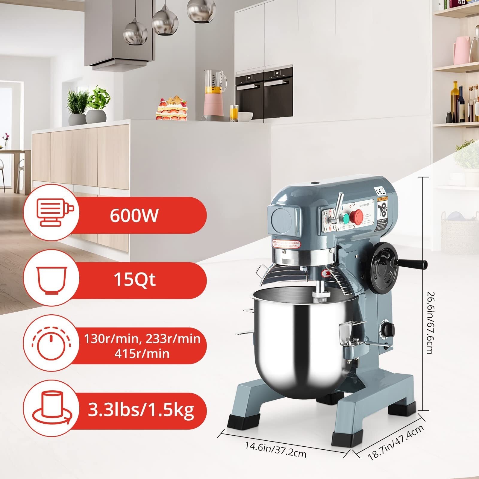 600W 110V Commercial Food Mixer 15Qt 3 Speed Stand Mixer for Commercial Kitchen