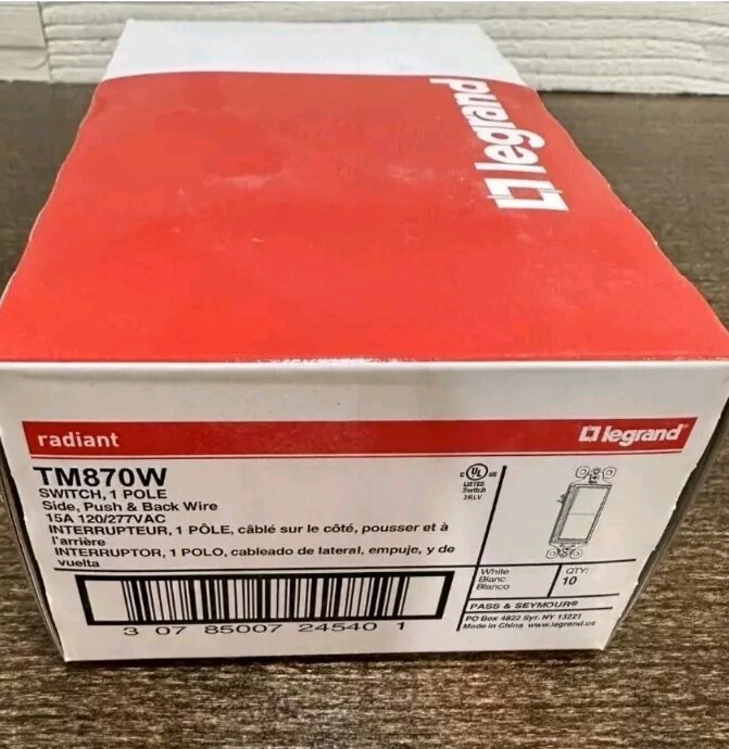10 Count Case Legrand-Pass & Seymour TM870-W TradeMaster Decorator Switch