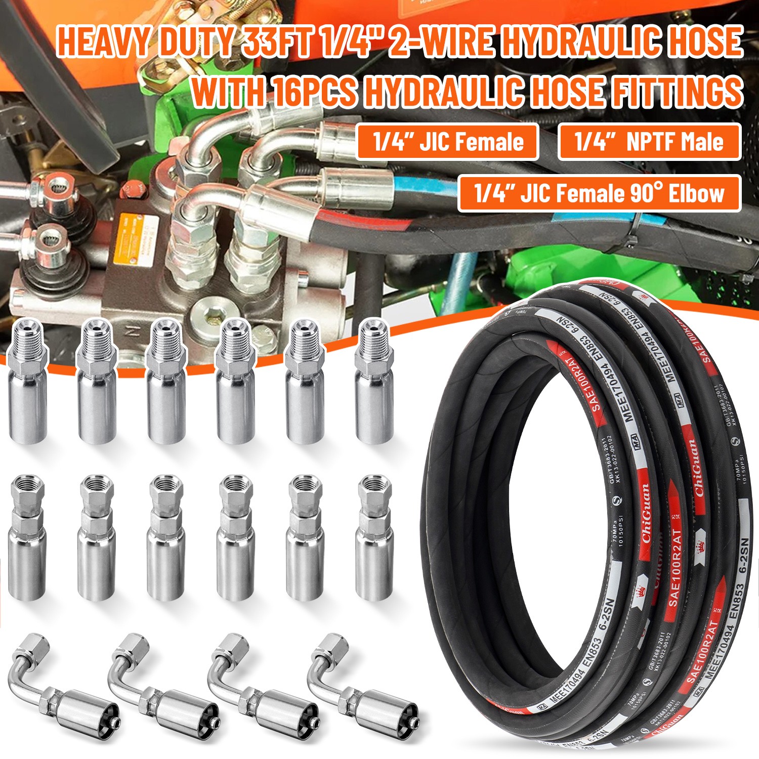 1/4″ 33′ HYDRAULIC HOSE TWO WIRE HOSE FLEXIBLE 70MPa / 10150 PSI WITH 16 FITTING