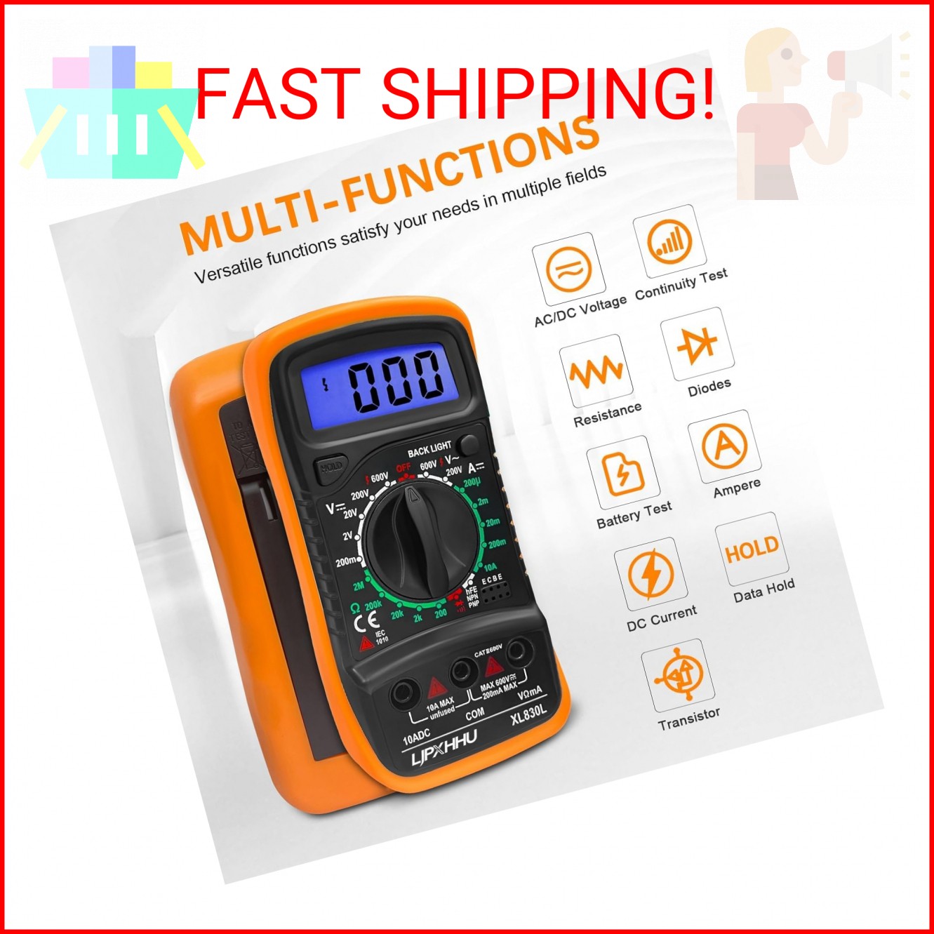 Digital Multimeter Voltmeter Battery Voltage Multi Tester Continuity Ohm Volt Am