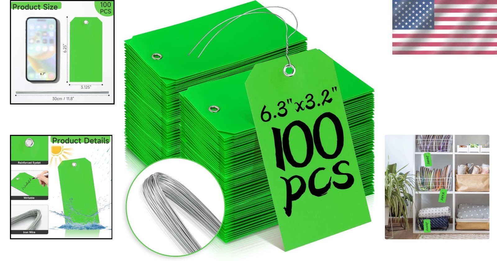 High-Quality 100 Pcs Tear-Resistant Green Tags with Wire – Multi-Purpose Use
