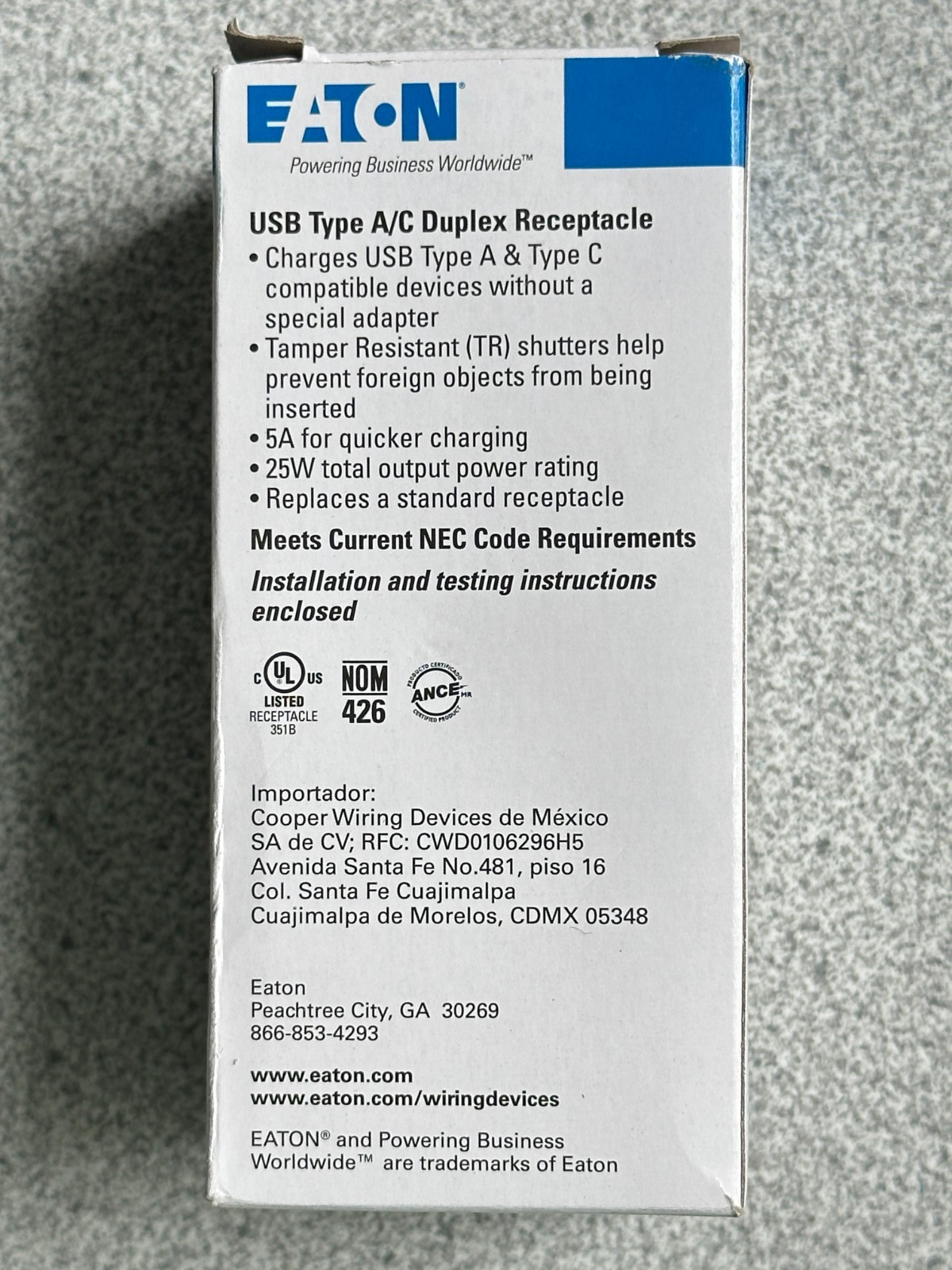 NEW Eaton Duplex Receptacle USB A & TYPE C Charger White 15A Tamper Resistant