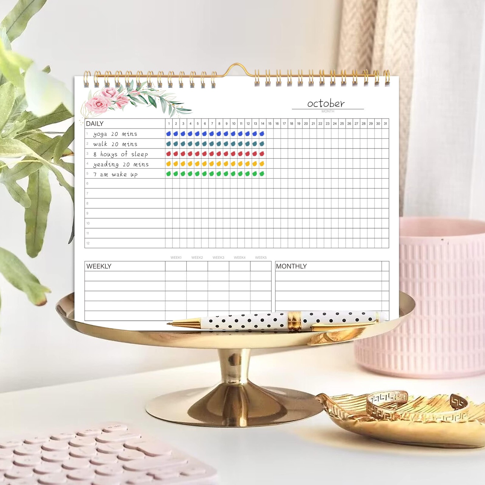 Habit Tracker Calendar- Daily, Weekly & 10 inches wide by 8 long, Red