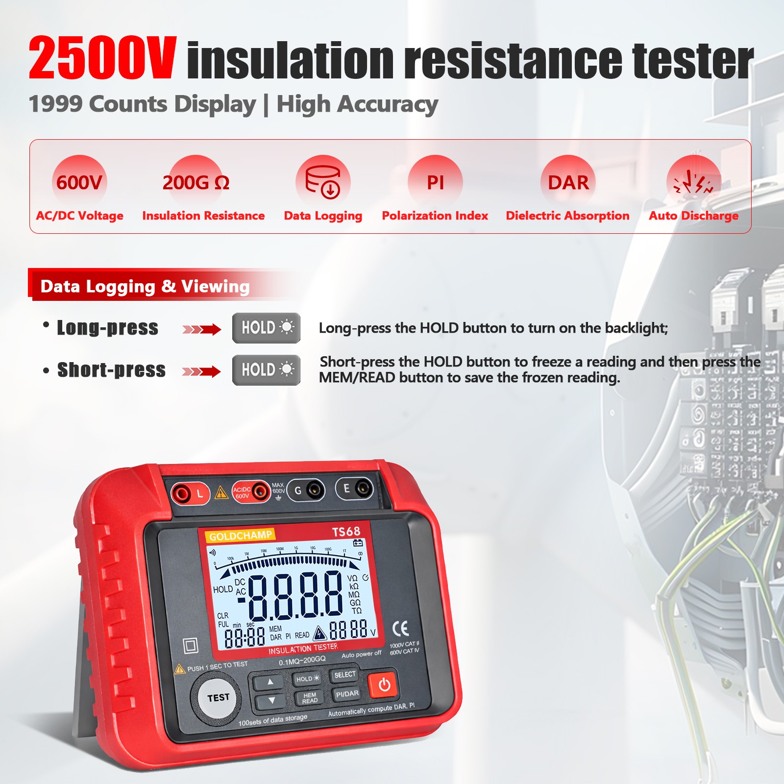 Insulation Resistance Tester 2500V Megohmmeter PI DAR Data Hold Backlight AC/DCV