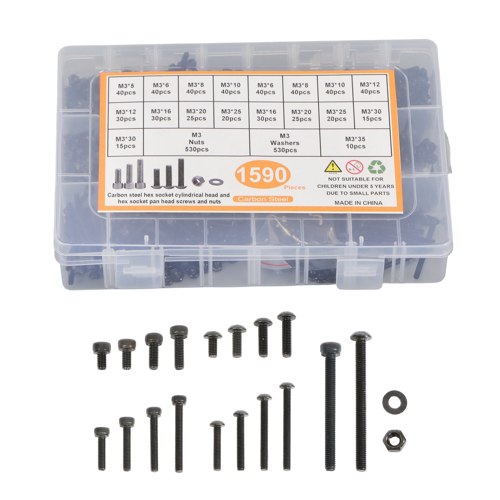 1590Pack M3 Hardware Assortment – Hex Button and Socket Head Bolts Nuts Washers