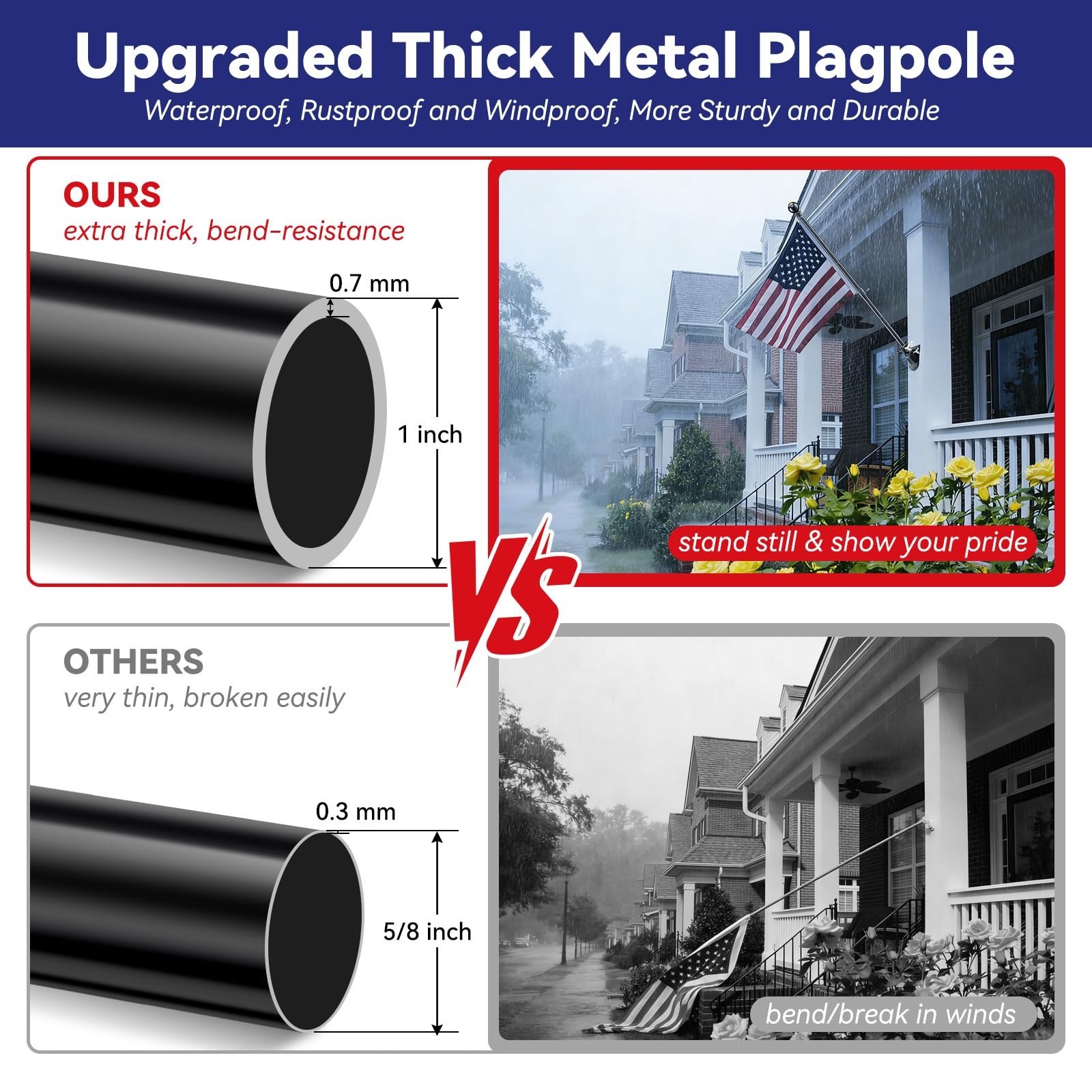 7FT Long Flag Poles, Heavy Duty Flag Pole Kit for Pride Flag Outdoor, Stainle…