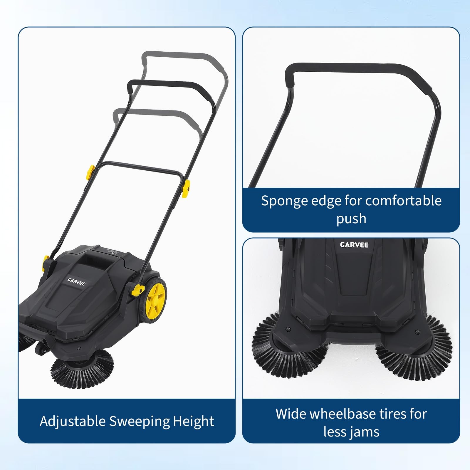 Garvee Walk Behind Hand Push Floor Sweeper 25.6″ Width 5 Gallon Waste Container