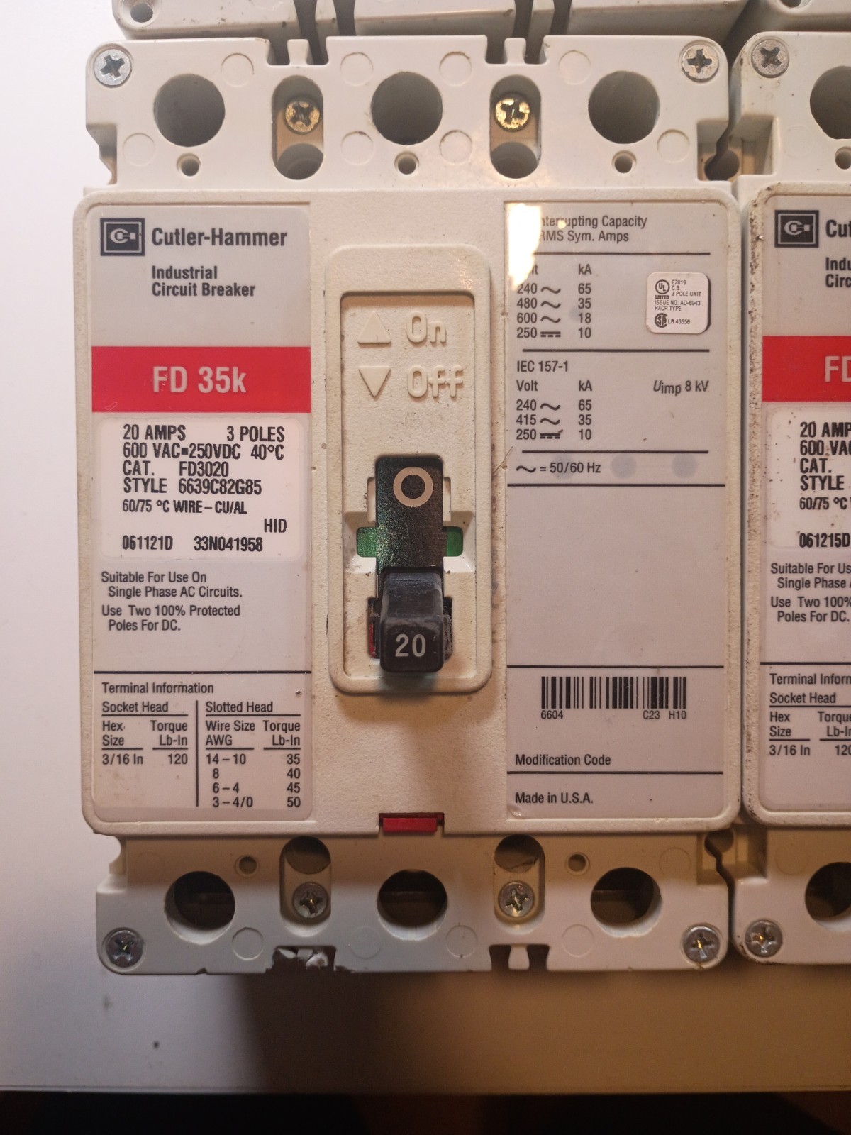 Cutler Hammer FD3020 20Amp, 3Pole, 600VAC