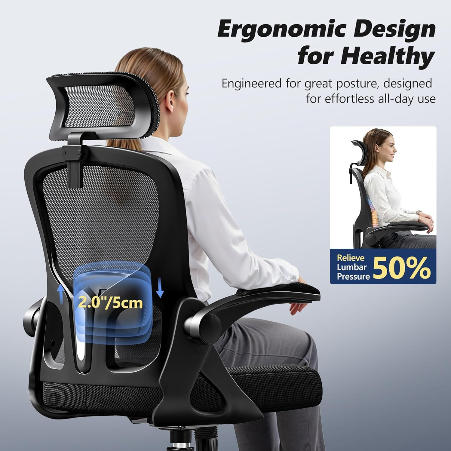 Ergonomic Office Chair, High Back Desk Chair with Flip-Up Arms, 300 LBS Mesh Com