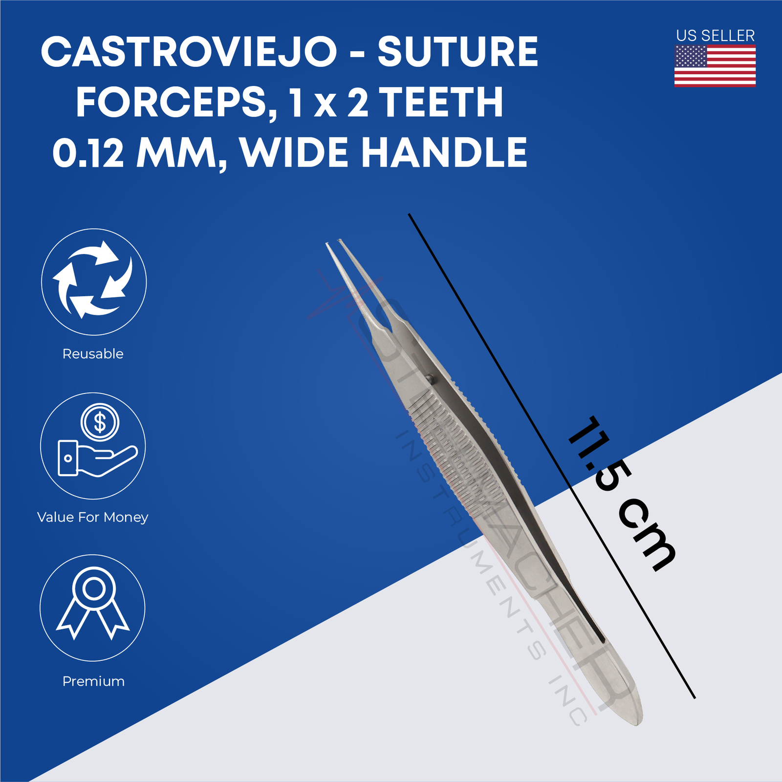 Castroviejo, Suture forceps, 1 x 2 teeth, 0.5 mm & 0.3mm & 0.12mm, wide handle,