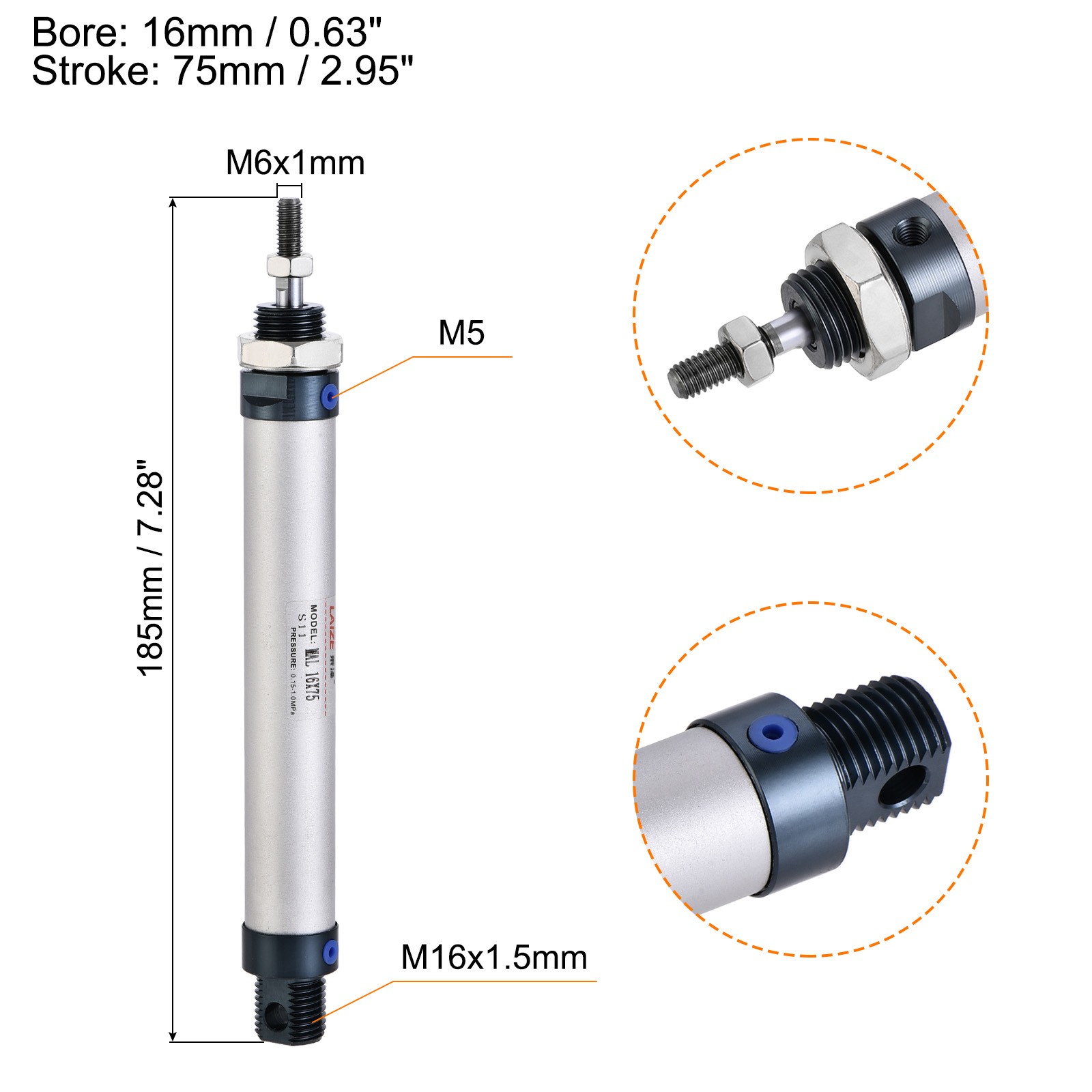 16mm Bore 75mm Stroke Pneumatic Air Cylinder Y Connector and Fitting