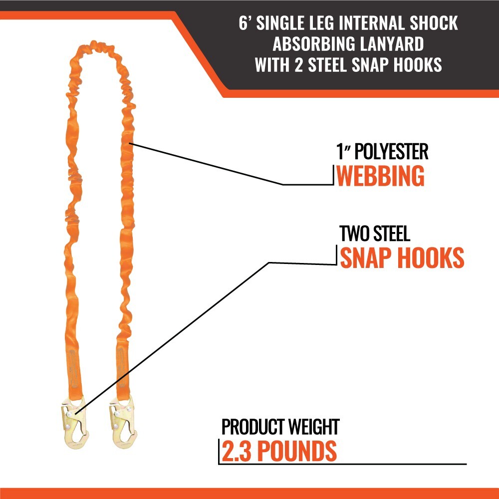 NEW-6’ Single Leg Internal Shock Absorbing Lanyard 2 Steel Snap Hooks 2.3 lbs.