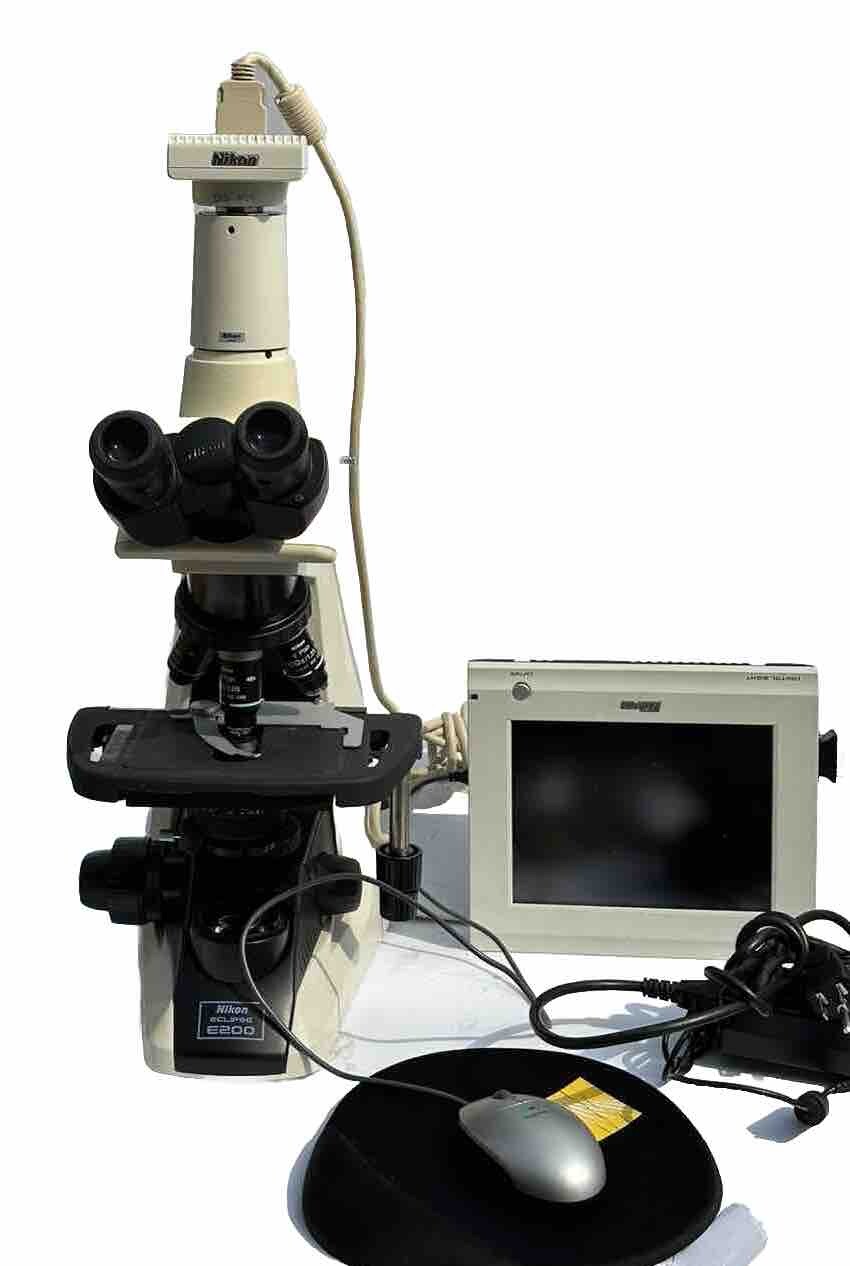 Nikon Eclipse E200 Trinocular Microscope With Camera And Monitor 4X 10X/40X/100X