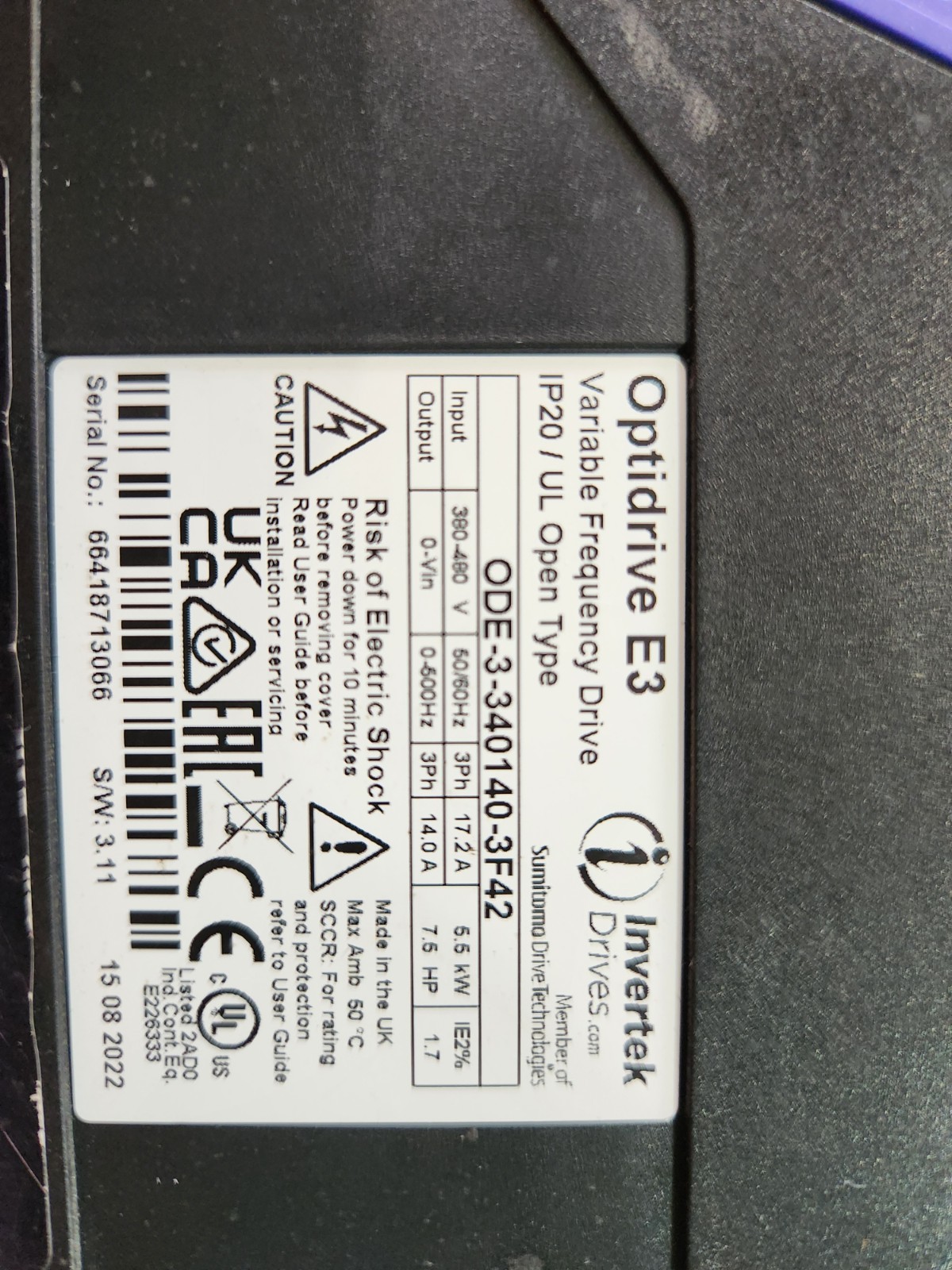 INVERTECH DRIVES / OPTIDRIVE / ODE-3-340140-3F42 7.5 HP