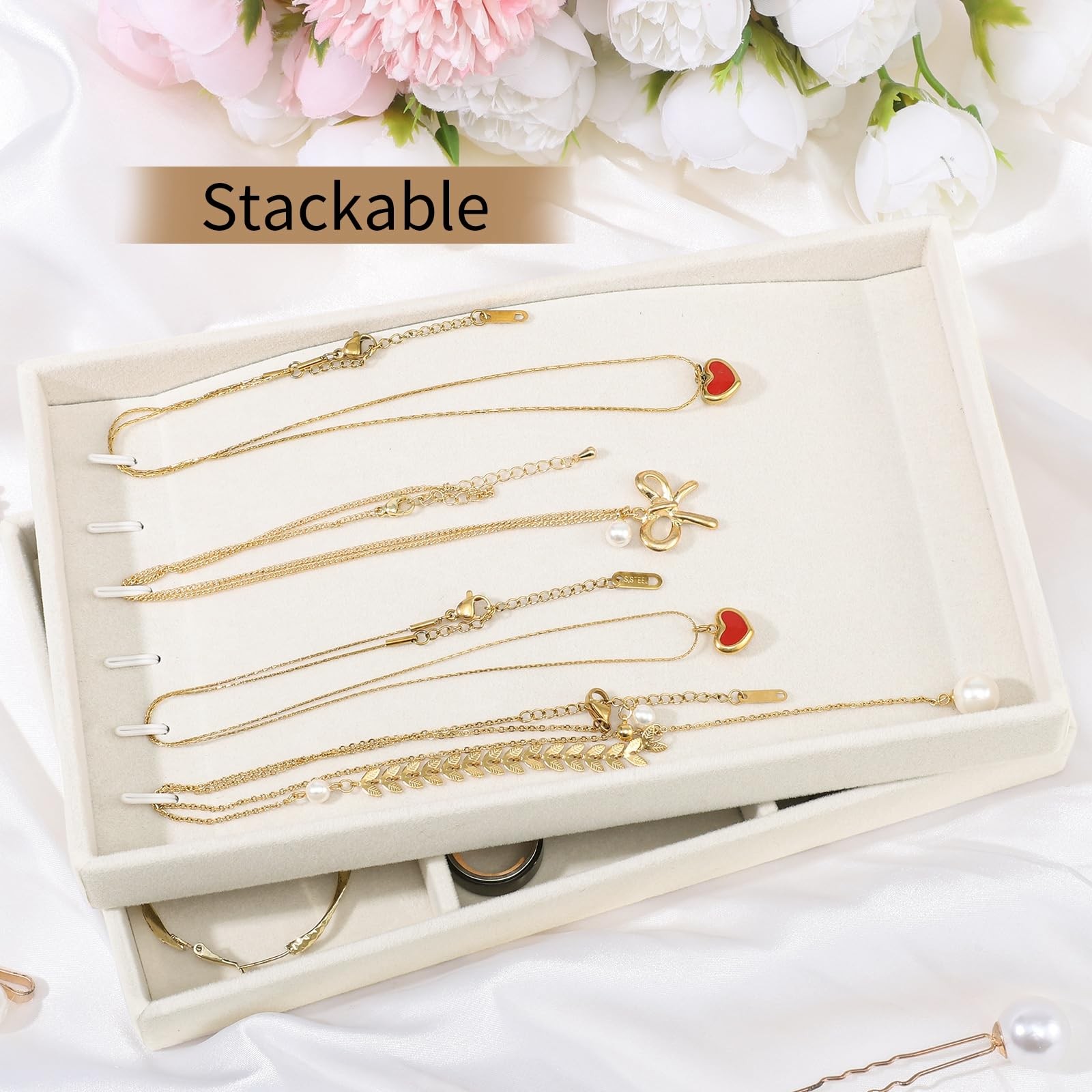 Dntorx Stackable Jewelry Organizer Trays, 6 Set of Velvet Beige